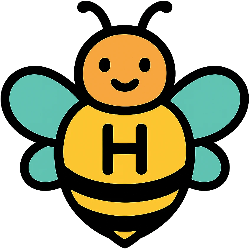 cartoonish bumblebee with the letter H, bold stripes, colorful lineal icon with black outlines emoji