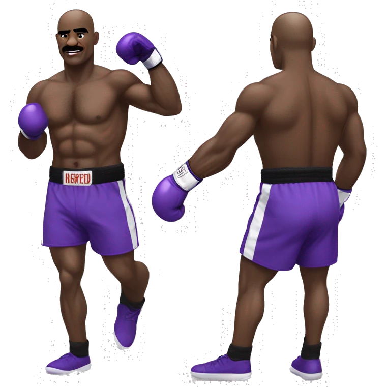 Evander Holyfield in his prime in boxing attire, purple shorts, with guard half up emoji