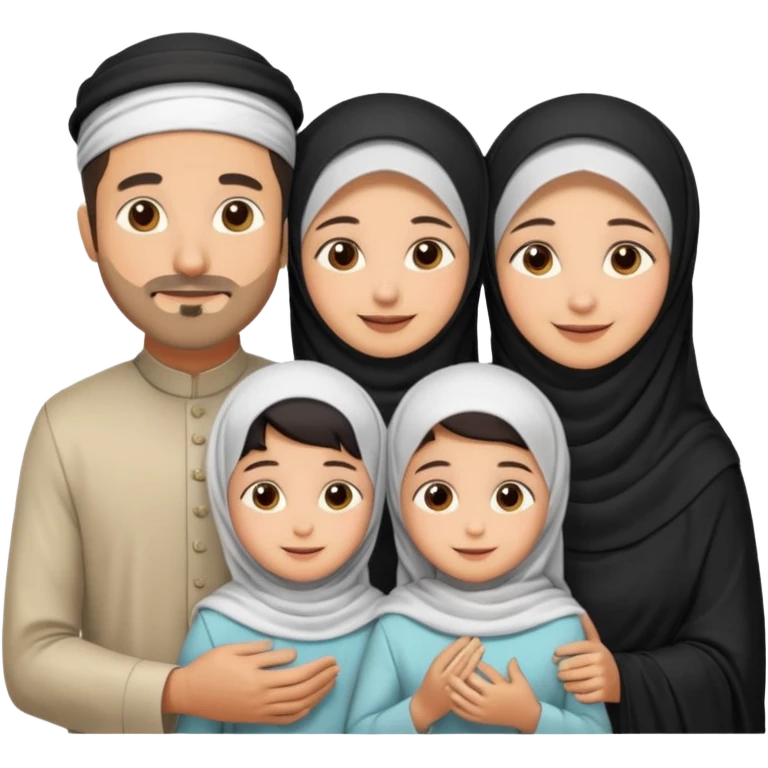 Lebaran. Keluarga terdiri dari Ayah dan ibu, 3 orang anak yang terdiri dari dua anak laki-laki dan seorang anak perempuan yang merupakan anak terkecil. Ibunya menggunakan cadar. emoji
