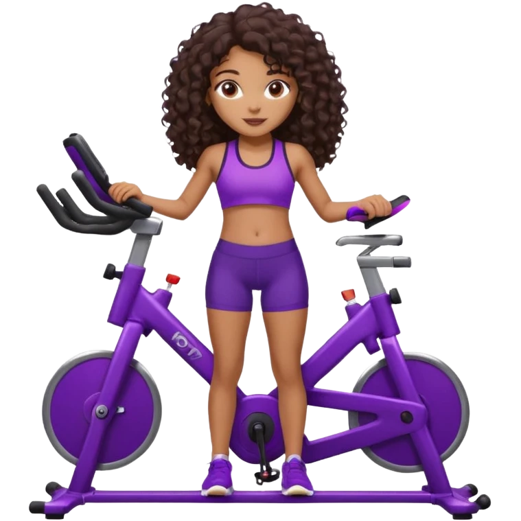 African American girl with long dark brown curly hair, purple workout set leaning on a indoor spin bike with NO HELMET,  emoji