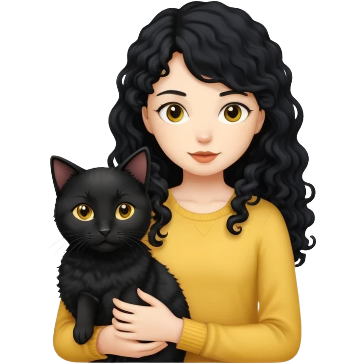 A girl with long black hair is holding a black cat, a yellow short-haired cat, and a curly-haired dog emoji