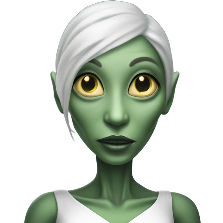  a Reptilian alien woman, in white dress, in front of the house emoji