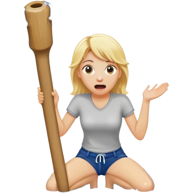 simple blond woman kneeling, surprised, big cartoon stick with D-shaped knob emerging from hanging pants, water splash into her mouth emoji