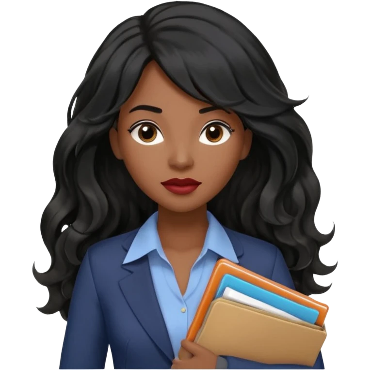 A young woman with long black hair, a wavy frange falling on half of her head. There's a long wavy stretch of hair falling on the side of her head. She's black, medium to dark skinned with thick lips. She's holding folders, and she's a CEO, but she's wearing casual clothes. she has long eyelashes. emoji