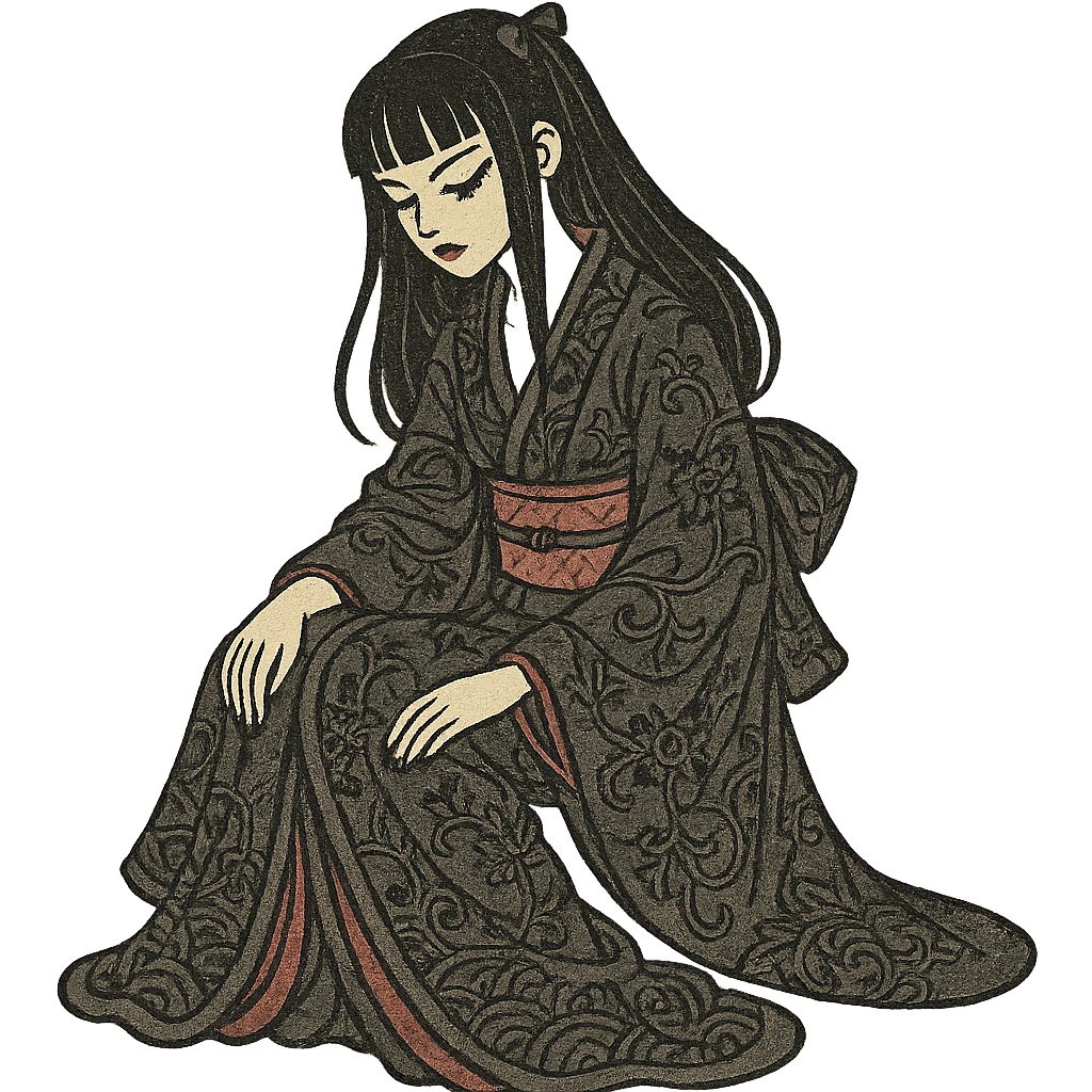 gothic girl, traditional Japanese print, gothic kimono, elegant pose, ukiyo-e style emoji