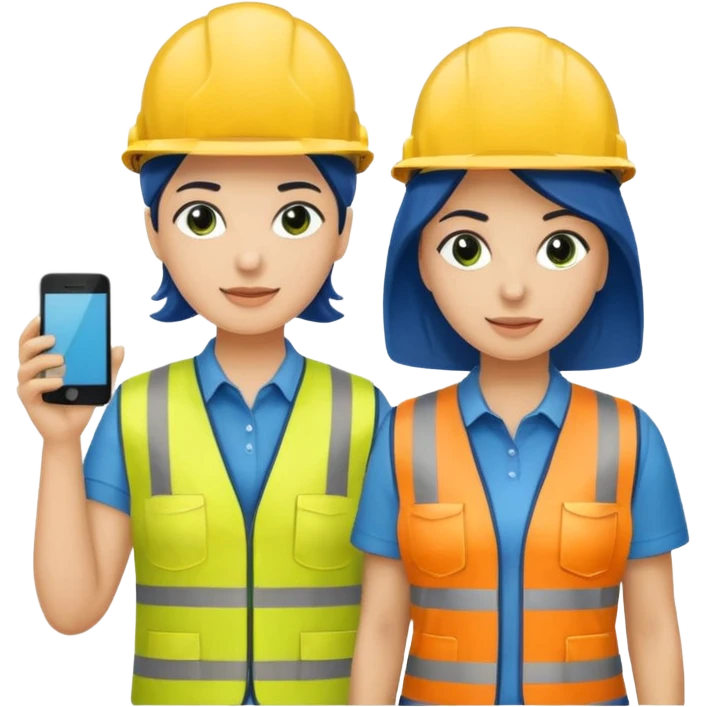 Um homem e uma mulher amarelos com capacete de obras ambos azul escuro e camisa social cinza com faixas refletivas verdes nos braços, Um deles deve estar segurando um megafone emoji