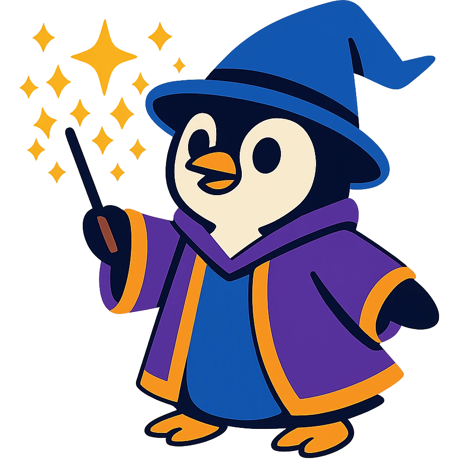 cute penguin wizard casting a spell, wearing a robe and holding a wand, magical sparkles around emoji