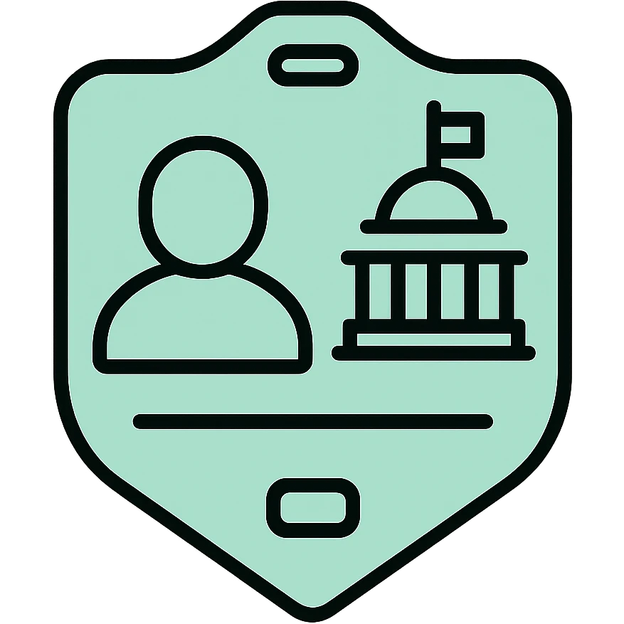 Public service badge with profile silhouette and government building, fluid dimensional design, techy style, black outlines with mint green #B5F4D3 fills emoji