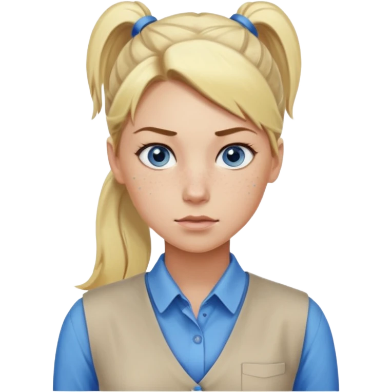 Just a head, blonde hair with lowlights in a ponytail, blue eyes, some freckles, a little older female ready to get some tasks done at work, no bod emoji