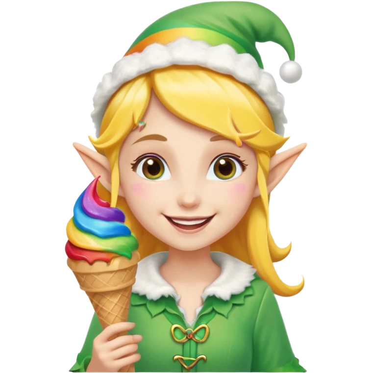 A cheerful elf girl with pointy ears holding a rainbow ice cream cone, smiling brightly.

 emoji