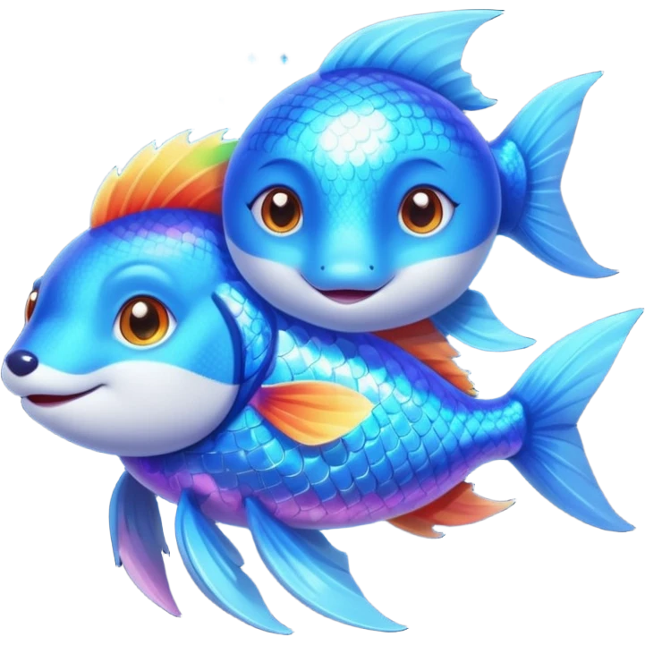 Make a pair of hugging or cuddling best friends: a rainbow fish glow with a magical aura and a vivid blue fox emoji
