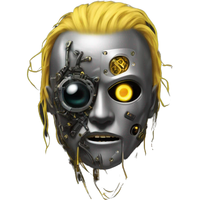 black metal male cyborg head with  one artificial eyeball, circuitry, goatee and dreaded yellow gold hair emoji