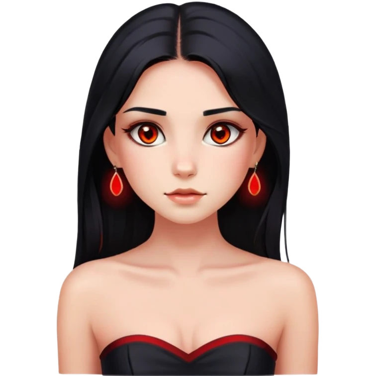 Girl with hazel eyes. Girl with black hair with red underlights and frontlights hair. Long hair. Black strapless crop top. Very elegant. Skinny face with birthmark under left cheek. Without jewerly. emoji