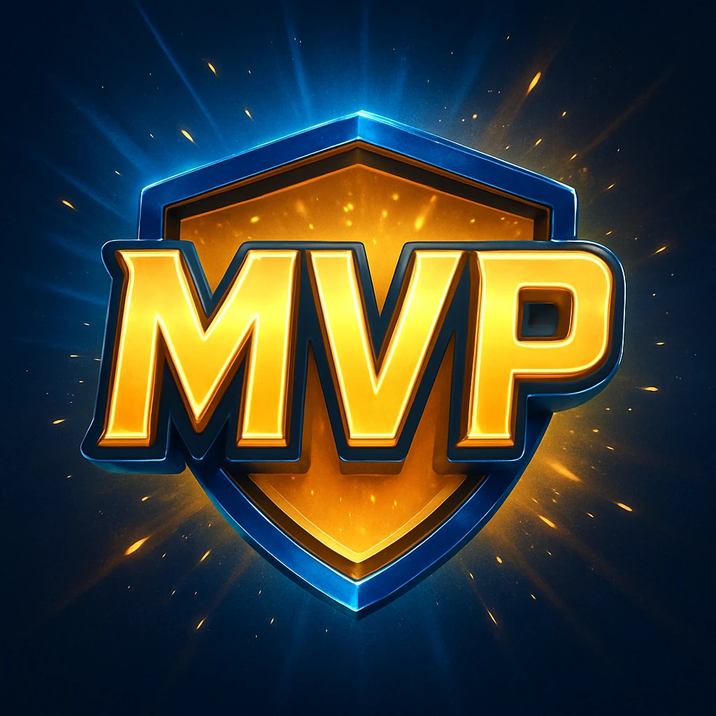 A gleaming, stylized badge with bold, slightly futuristic lettering 'MVP' set against a dynamic, gradient background of electric blue and gold. Small, energetic particle effects emanate from the text. emoji