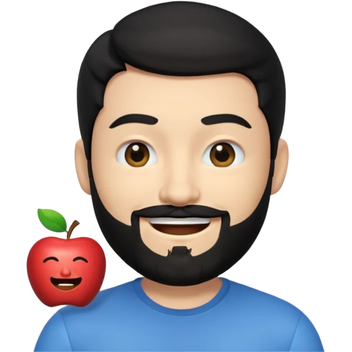 A 3D digital avatar, specifically an Apple Memoji, of a man with black hair and a black beard, winking with his right eye and smiling widely. He has blacl eyes. The image is a headshot on a white background. emoji