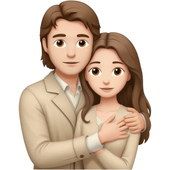 A white handsome man with brown hair in pale beige clothes supports and hugs a beautiful woman with long hair in pale beige clothes emoji