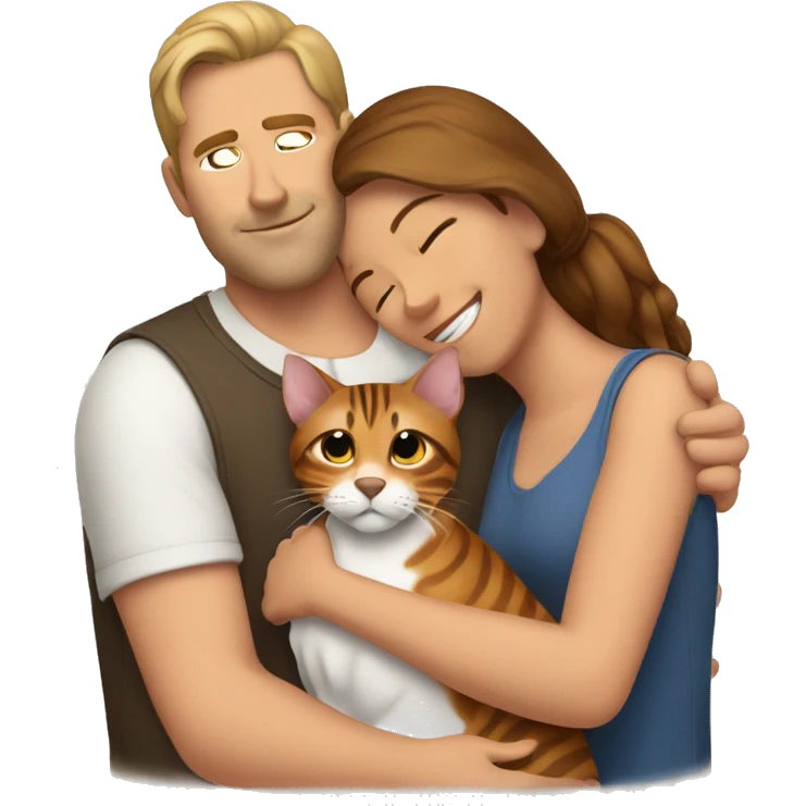 A man hugs a brown-haired woman and a bengal cat emoji