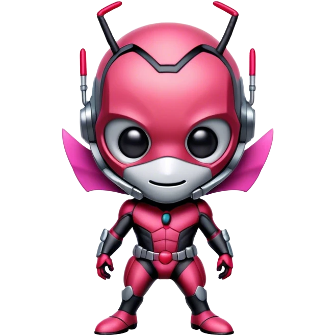 A cute and futuristic ant man mascot with JOKER style. His body is primarily in red-pink and light pink, with subtle dusk black details for contrast. emoji