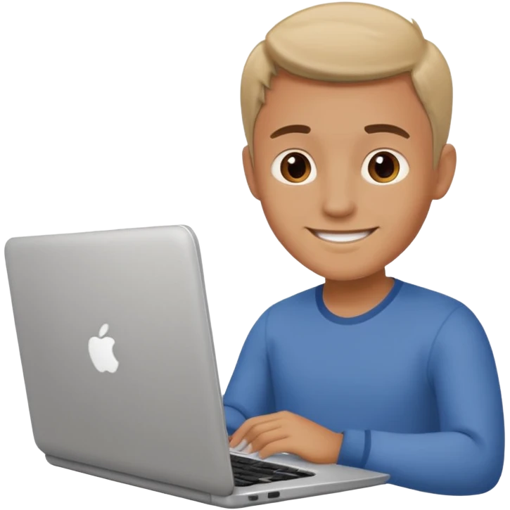 man looking at laptop and writing and smiling emoji