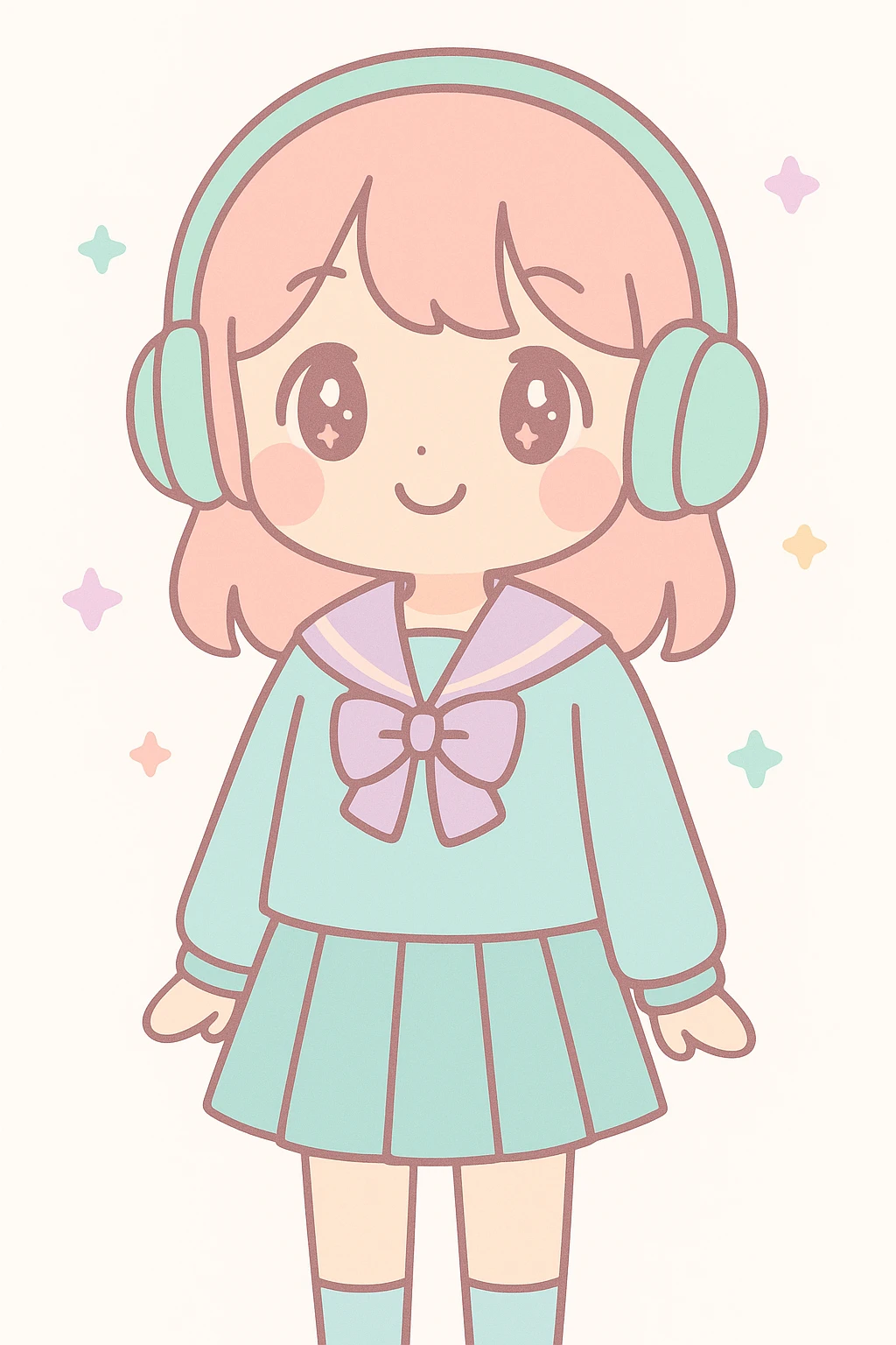 girl in a school uniform with headphones, standing, cheerful expression, modern anime style, clean background emoji