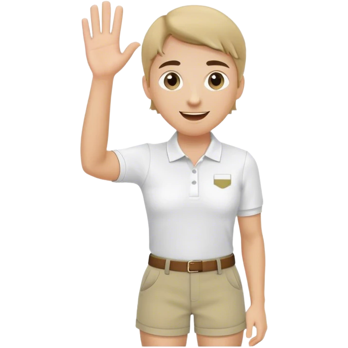 Pool attendant. white polo shirt. khaki shorts. waving emoji