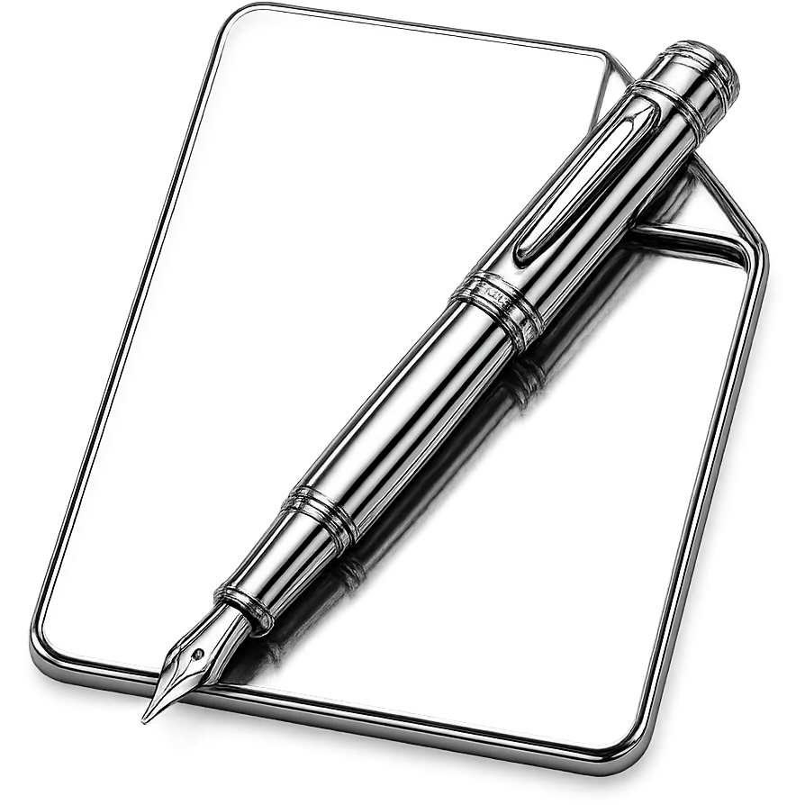 chrome style piece of paper with a metallic pen resting on it, highly reflective and polished emoji