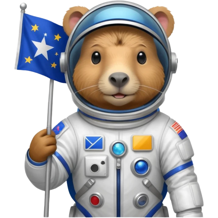 Capypara in space suit, holding blue rectangle flag emoji