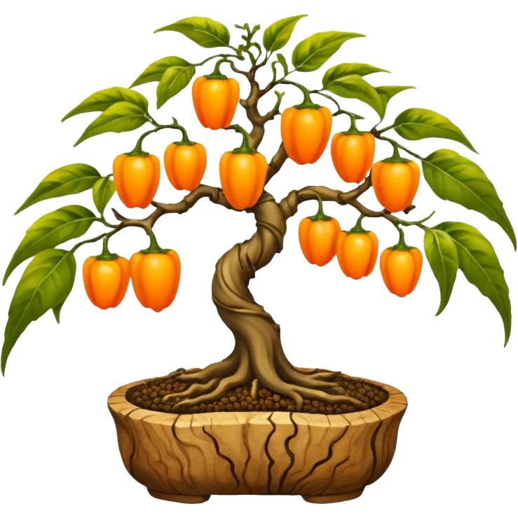 Very Large decorative gnarled bonsai pepper plant with minuscule y round orange-yellow peppers on it  emoji