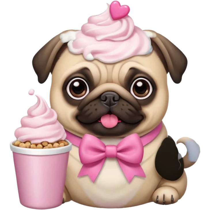 Pug com laço Rosa comendo ração  com chantilly Rosa emoji
