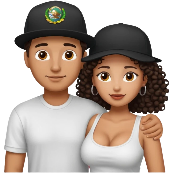 A picture of an embracing tanned couple. the man is a Mexican man with tanned skin, with a bald hair cut wearing a SnapBack hat and a black shirt. the woman has curly dark brown hair and with big boobs   emoji