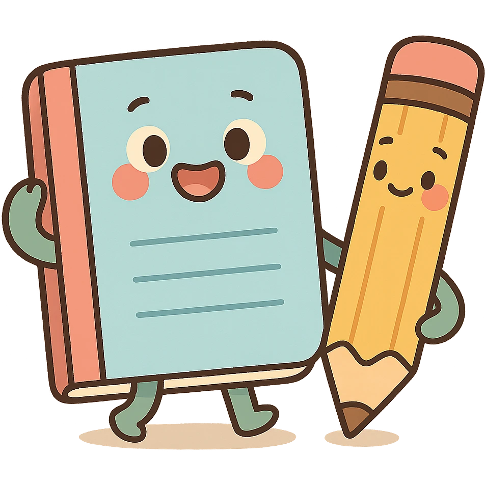 a copybook and pencil, cozy study atmosphere, soft pastel cartoon style emoji