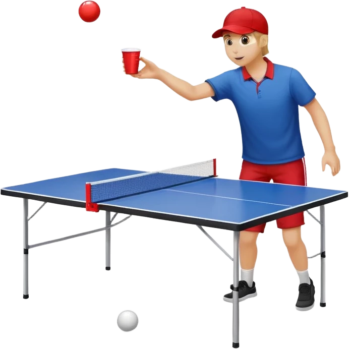 Beer pong table with somebody throwing a ping-pong ball into a red plastic cup emoji