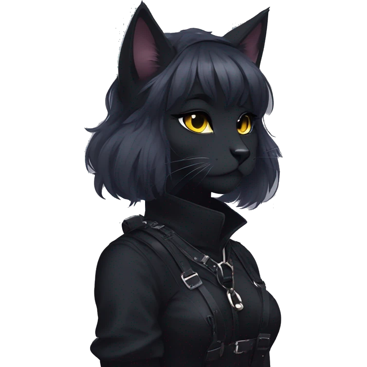 Gorgeous furry gothic dark techwear anime style anthro black cat furry sona with blushing face aesthetic and pretty edgy black with collar and harness trending style emoji