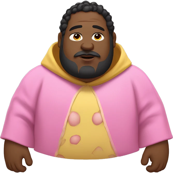 fat man with big huge hairy ears wearing pink poncho, EYES need to be CLOSED SHUT, big lips with visible yellow teeth, duble chin and with a potato nose, white skin color with messy black hair emoji