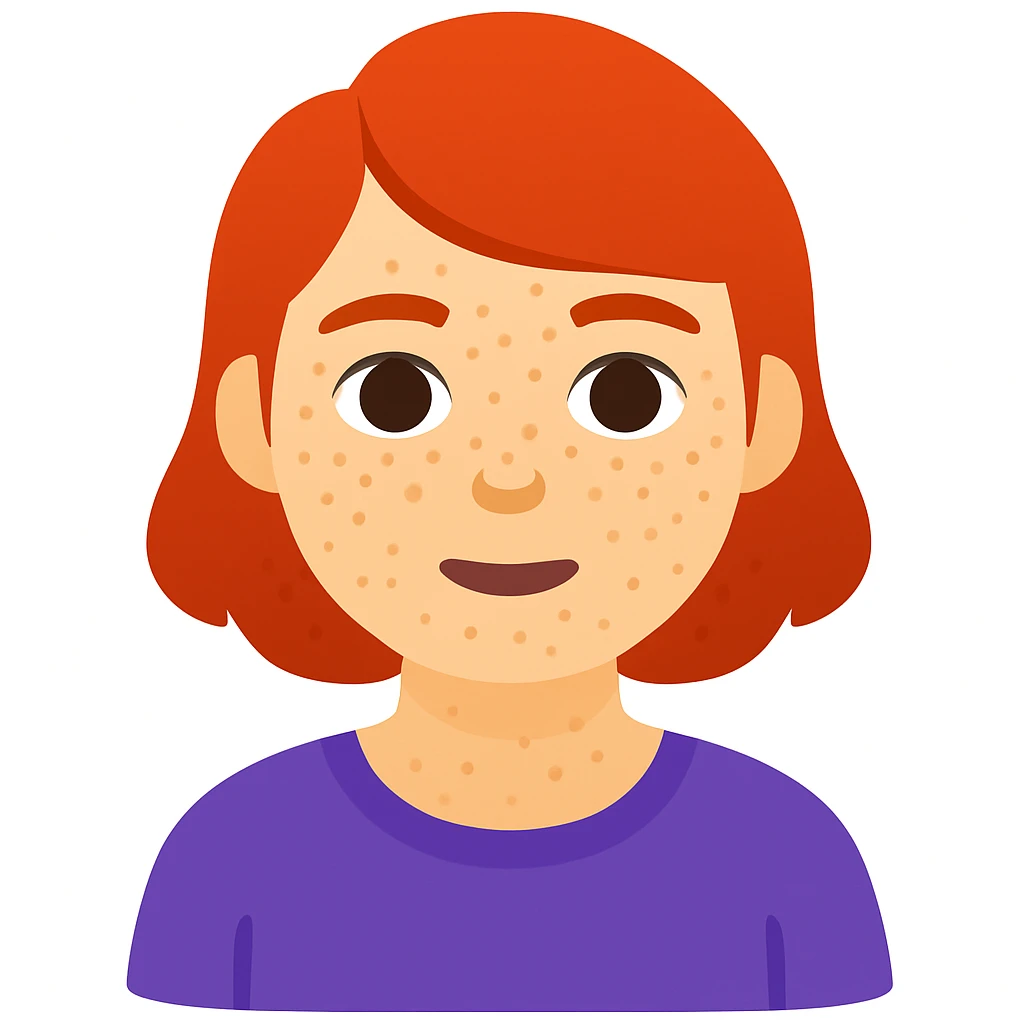 Add freckles to the girl's face, keep short red hair and flat chest, in a general emoji style illustration. emoji