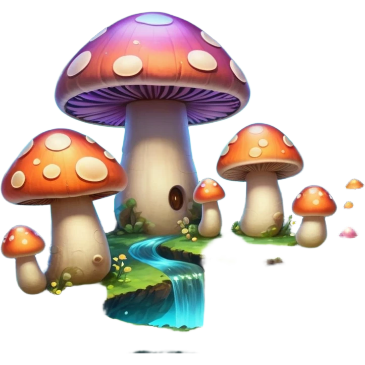  "A whimsical mushroom world filled with giant glowing mushrooms, soft bioluminescent spores floating through the air, and friendly oversized snails with colorful spiral shells exploring the landscape. Fantasy atmosphere, vibrant colors, dreamy lighting, highly detailed emoji