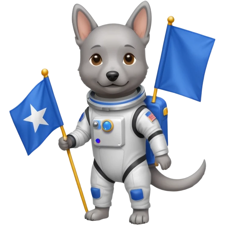 a gray dog in space suit, holding blue rectangle flag, full body, front view emoji
