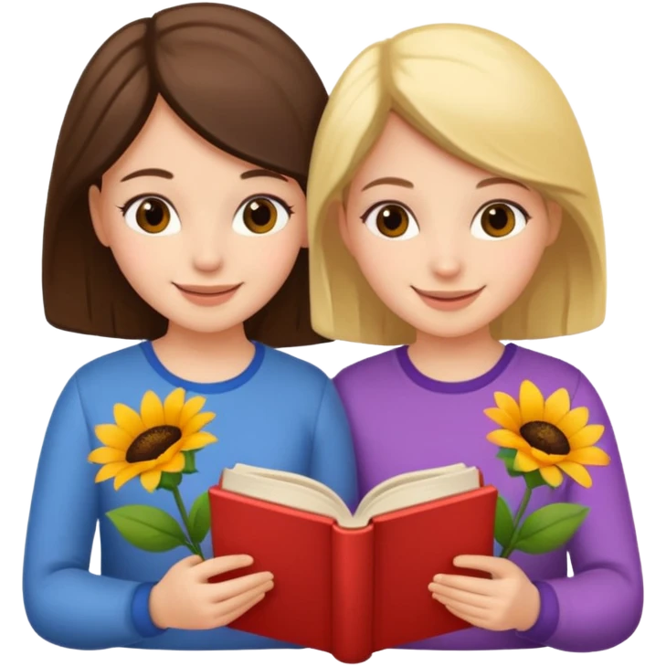  2 girls reading book + flower emoji