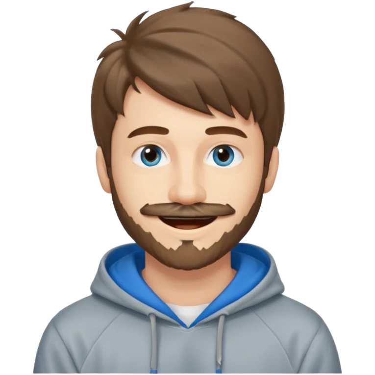 20 year old man, short scruffy beard and thin moustache, brown puffy mullet, blue eyes, big smile, white teeth, big lips, pronounced jaw, hair longer in back, sticking up on top, thin face, grey hooded sweatshirt, blue eyes emoji