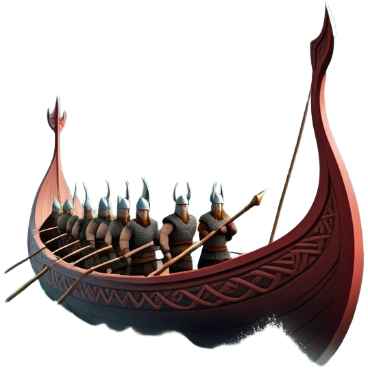 detailed-cinematic-viking-longboat, rendered in a flat, bold vector style with minimal shading, featuring a striking dragon-headed prow slicing through waters. shields on the side and vikings rowing The longboat’s, the boat has carved motifs evoke a sense of epic adventure and Nordic might, with billowing sails catching a dramatic, stormy sky backdrop. emoji