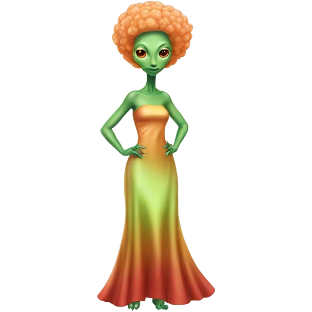 reptilian green alien woman, in long slim pastel orange formal party satin dress with gradient shiny sparkling dark red, full figure, full body emoji