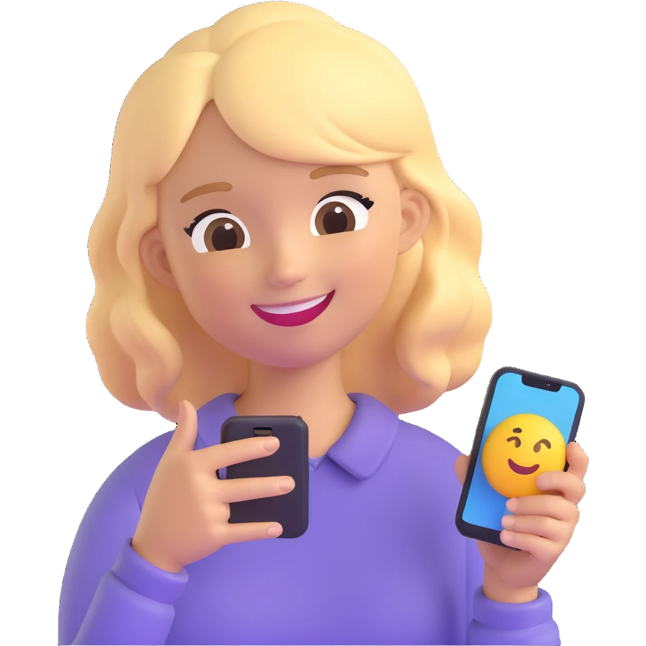 girl holding a smartphone, smiling, emoji style, with blonde hair emoji