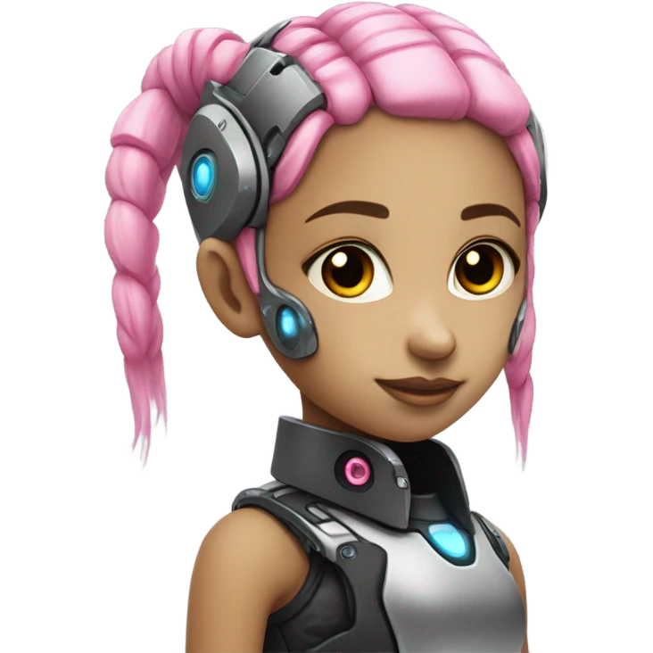 cyborg girl, pink hair, robot body, gynoid, twintails, cyberpunk, black collar emoji