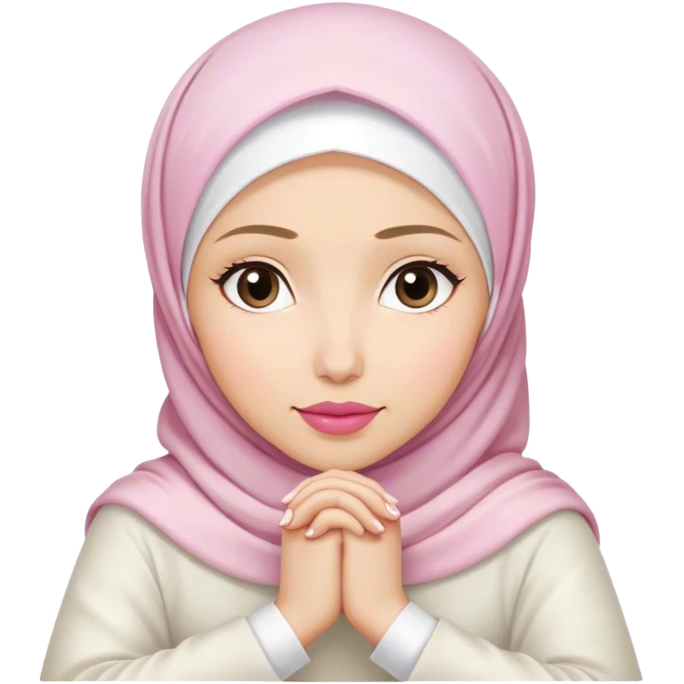 white hijab women are listening with her hands folded on the table. her lips is pink. emoji