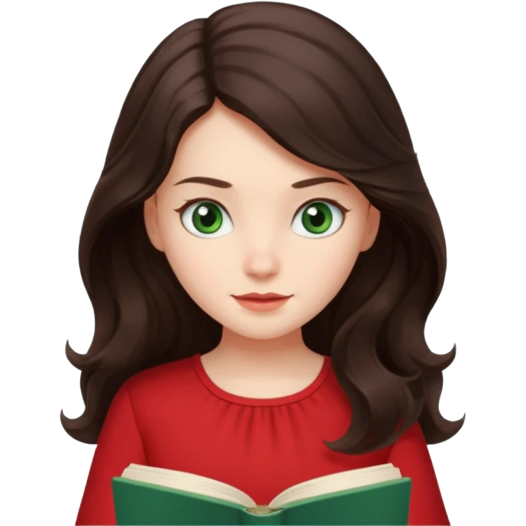 Long wavy dark brown haired, white skinned, dark green eyed girl in red blouse reading a book emoji
