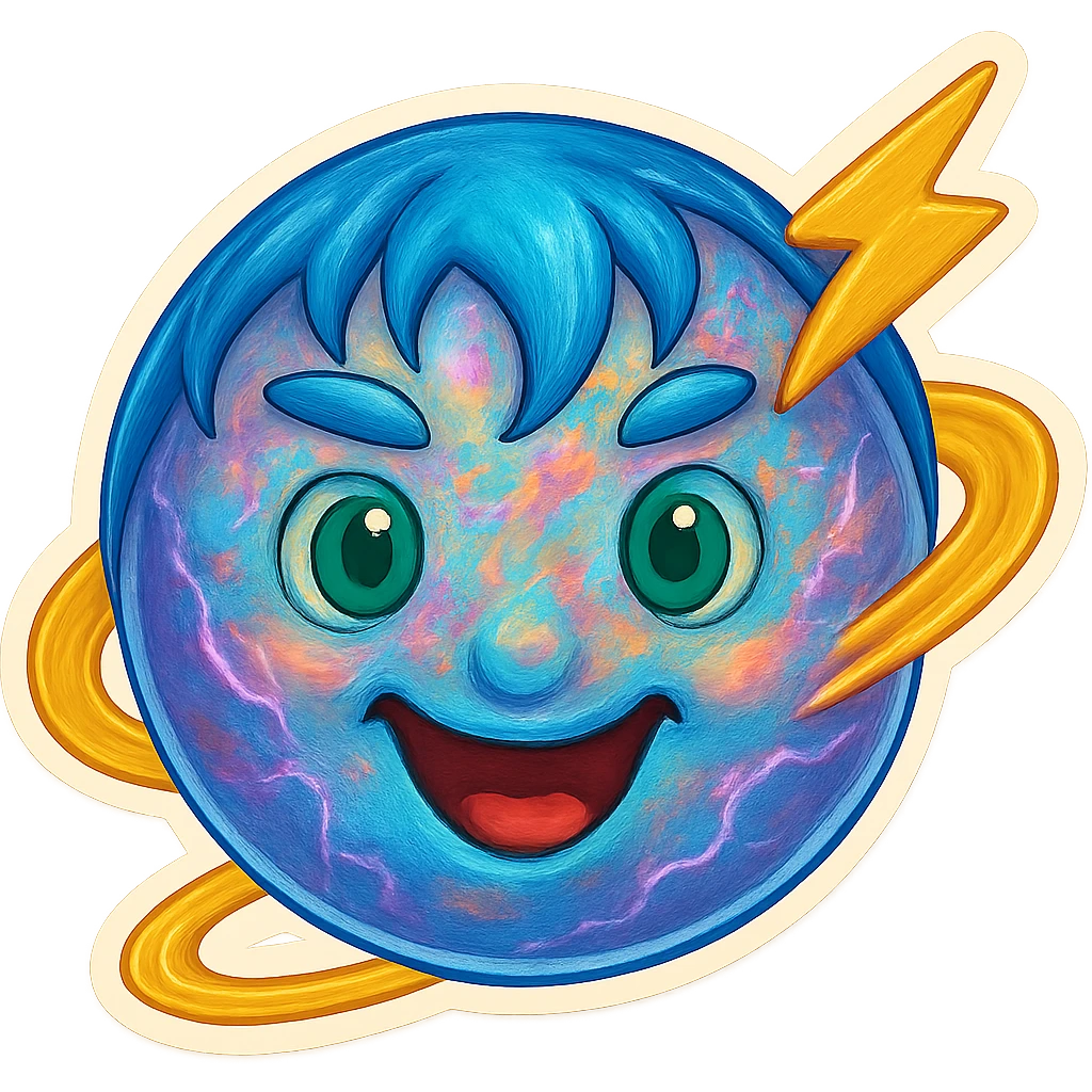 Refine this emoji to clearly look like a planet: keep the opal-like iridescent texture, wild electric energy, and playful, eccentric face, but emphasize a round planetary shape with visible rings and planetary features. Keep the background transparent. emoji