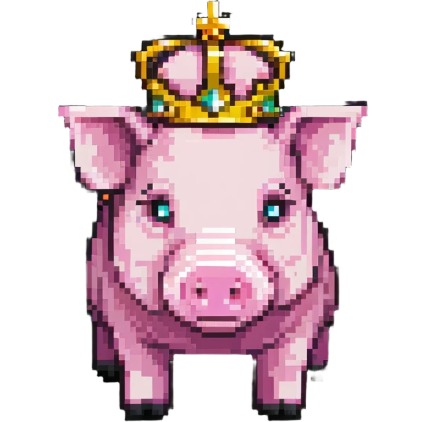 cute anime style pig with a golden crown, inspired by Technoblade, made out of Minecraft blocks, blocky and pixelated, expressive and charming emoji