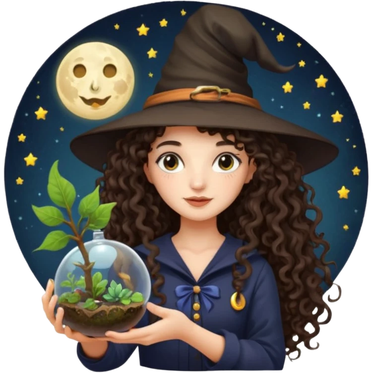 A long curly haired brunette girl with a moon, witch hat, holding a plant terrarium emoji