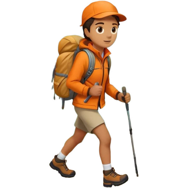 Person hiking through mountains, wearing orange jacket, carrying backpack, scenic landscape emoji