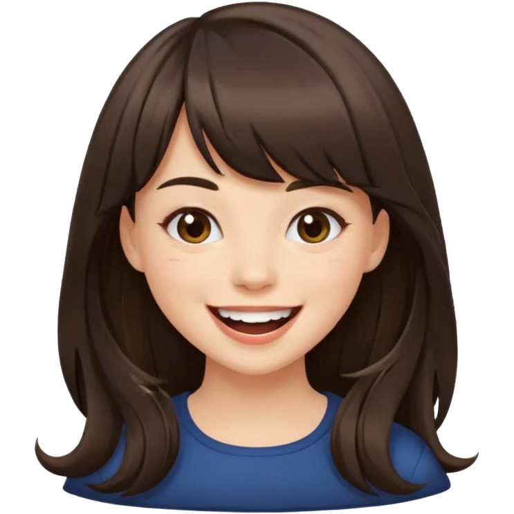 Gorgeous brunette girl with swoop bangs and long hair having fun, laughing emoji